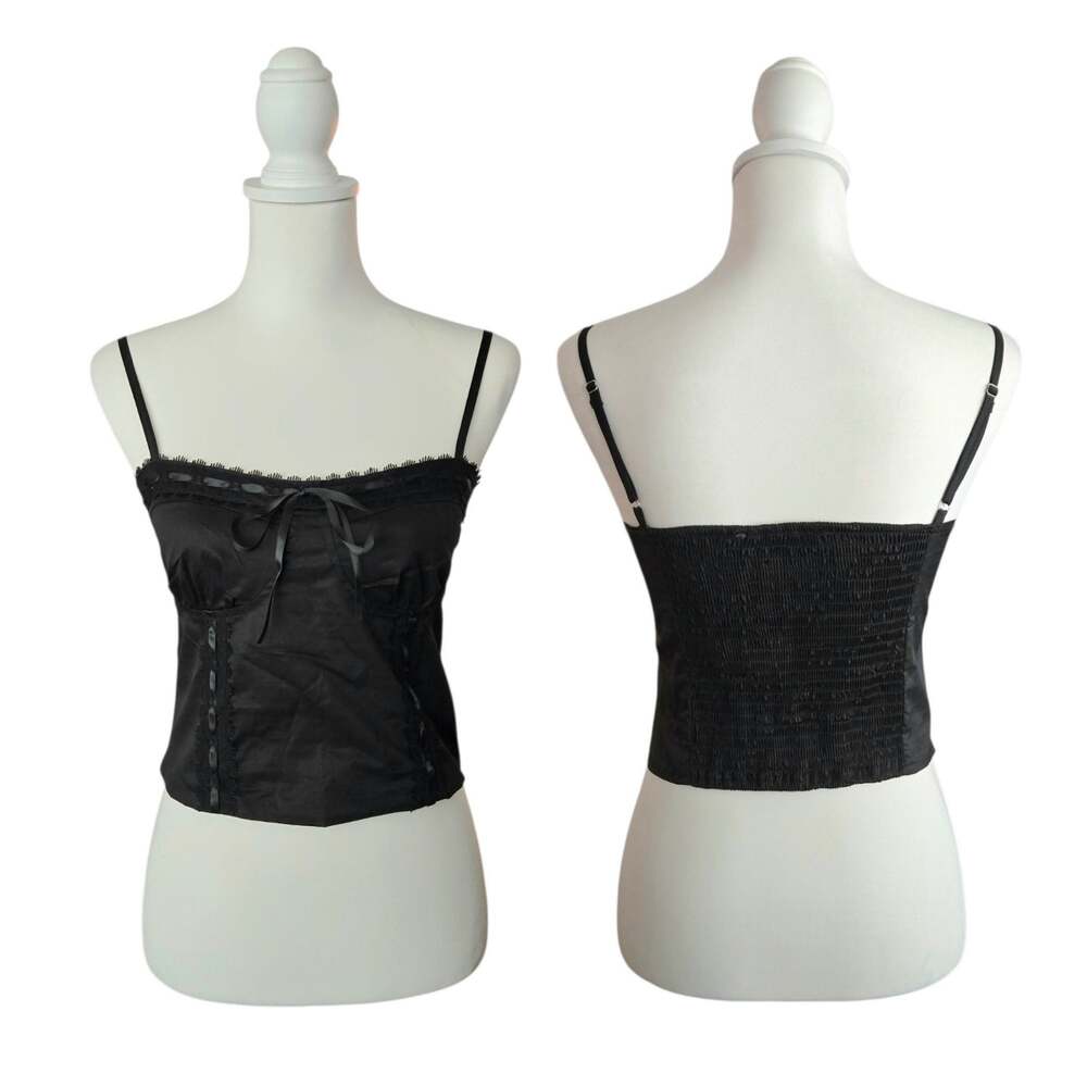 ANWND Dark Romantic Black Corset Cami Top Size L Smocked Ribbon Trim Whimsigoth